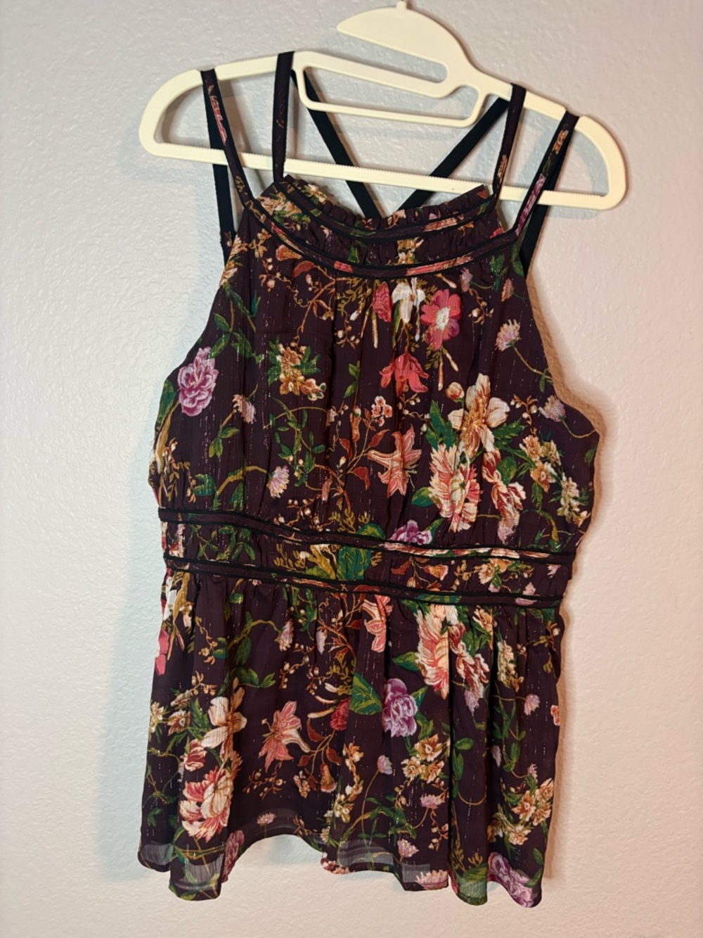 Maurices Dark Plum Floral Sleeveless Peplum Top